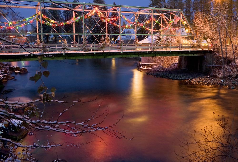 Happy Holidays! This is the historic one lane bridge into Bigfork all decorated up thanks to the Bigfork Elves!
